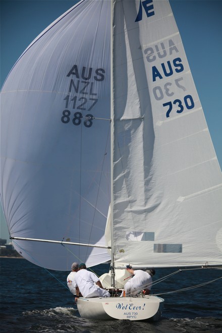 Kim Jeffrey's Wot Ever seems well named, sporting the choice of three sail numbers. - Royal Freshwater Bay Yacht Club Opening Day © Bernie Kaaks